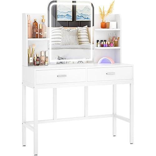 Armocity Vanity Desk with Mirror and Lights, Makeup Vanity with 2 Storage Drawers, Vanity Table Set with 3 Color Lighting Options, Modern Dressing Table with Storage Shelf for Bedroom, White
