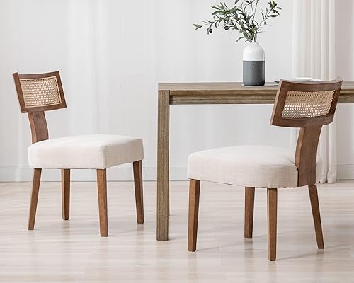 Miniatura 7 de Juego de 2 sillas de comedor de ratán modernas de mediados de siglo, silla decorativa tapizada de lino de granja, sillas de cocina con respaldo