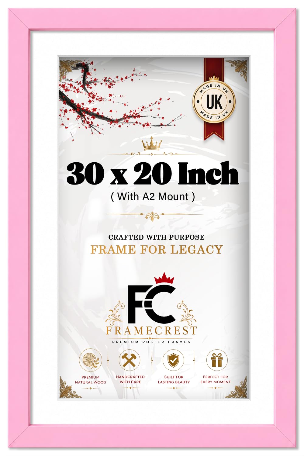 FRAMECREST LTD 30x20 Inch Poster Frame with A2 Mount - Large Pink Wall Picture Frame for Landscape Photography & Movie Posters - Lightweight Shatterproof Plastic with Professional Gallery Mat [Pink] — image 1
