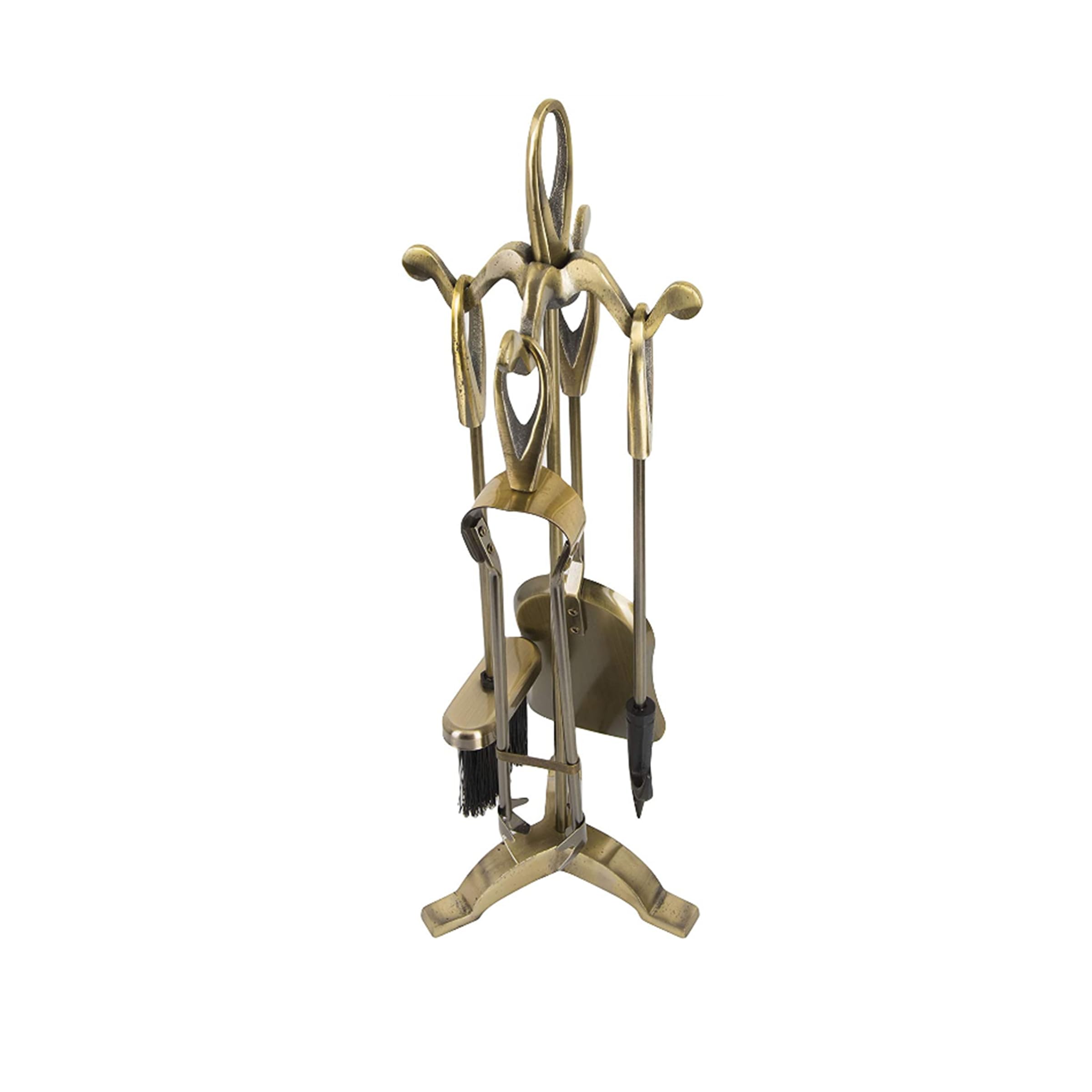 HUW - Kaminbesteck 5-teiliges Kamin-Set in Gold - 5 Stück: Stand - Bürsten - Poker - Schultern - Greifer - 21x19x61cm - Kaminwerkzeuge Sets - Kaminzubehör - Werkzeugset - Ständer - Feuerzange - Indoor