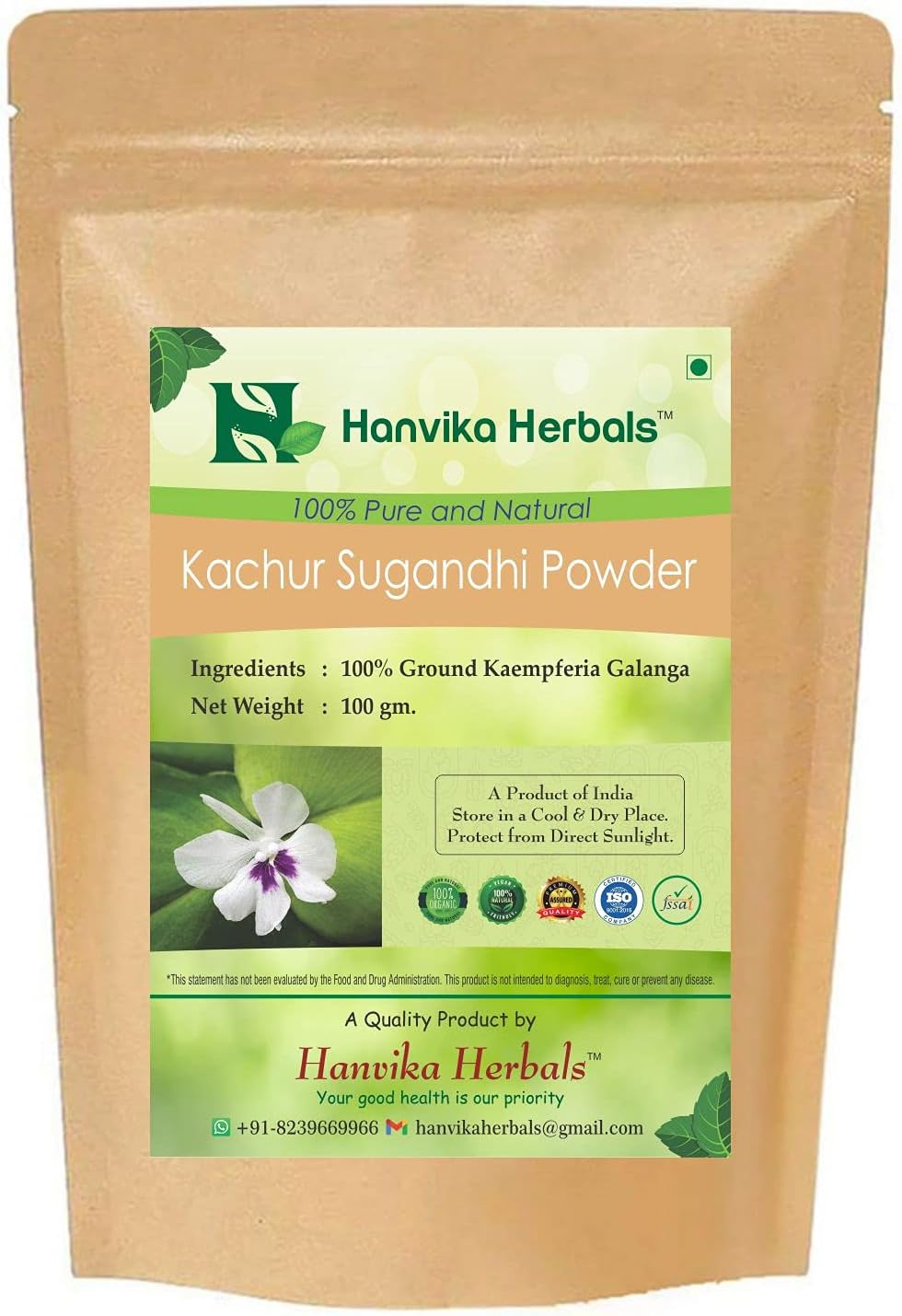 Hanvika Herbals Kachur Sungadhi Powder - 100% Ground Kaempferia Galanga (100 gm)