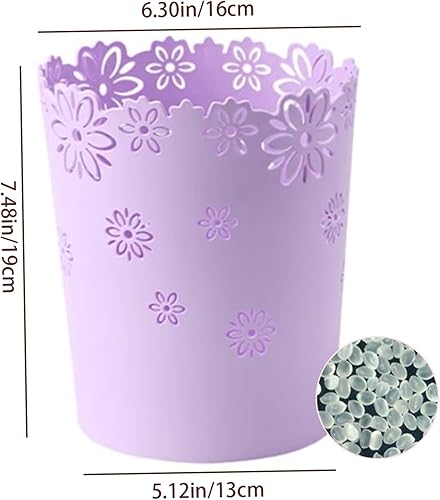 Miniatura 5 de Papelera de plástico, papelera de plástico con flores y encaje, cesta de basura redonda hueco para dormitorio, baño, cocina, oficina (moradoS)