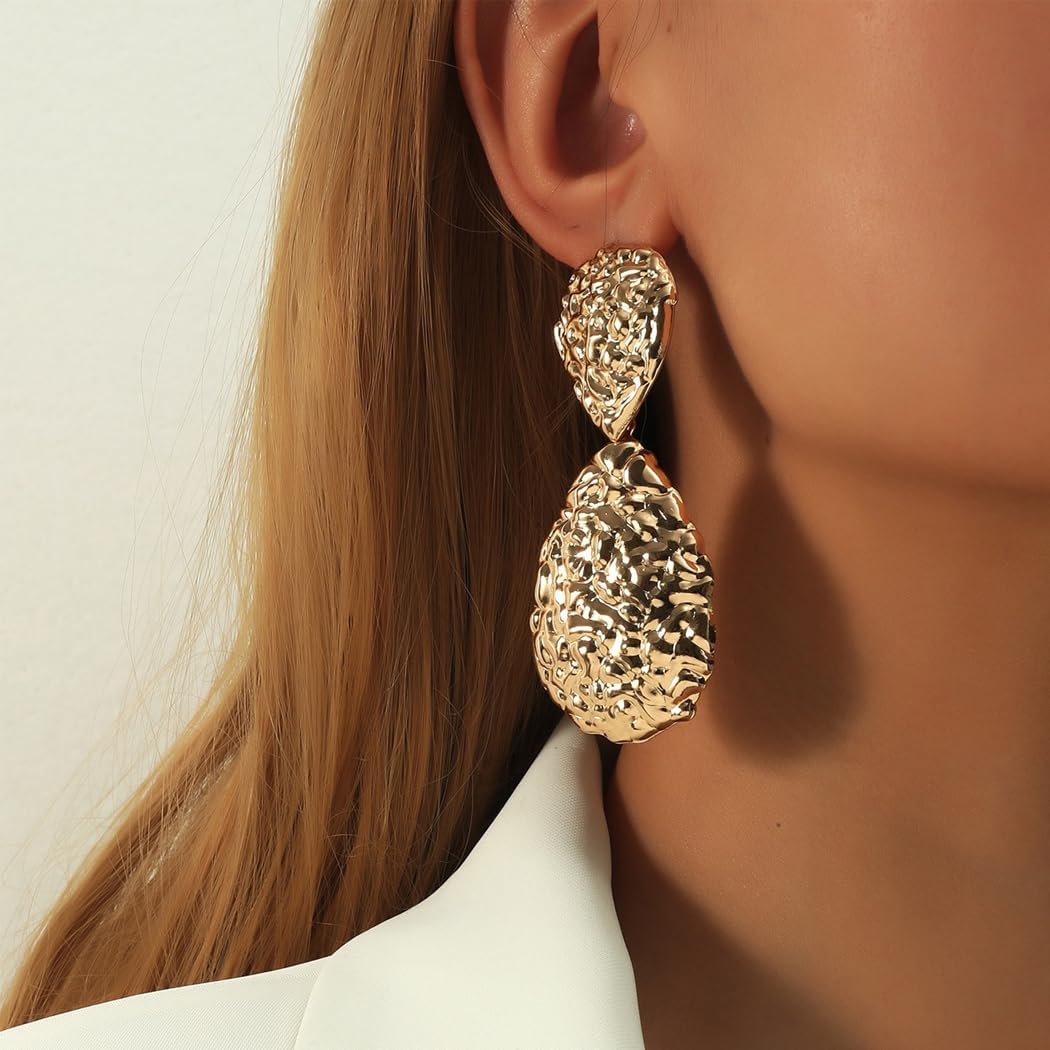 Chunky Gold Hammered Teardrop Dangle Earrings for Women Exaggerated Geometric Large Thick Metal Dangling Earrings Minimalist Statement Jewelry Gift - Image 3