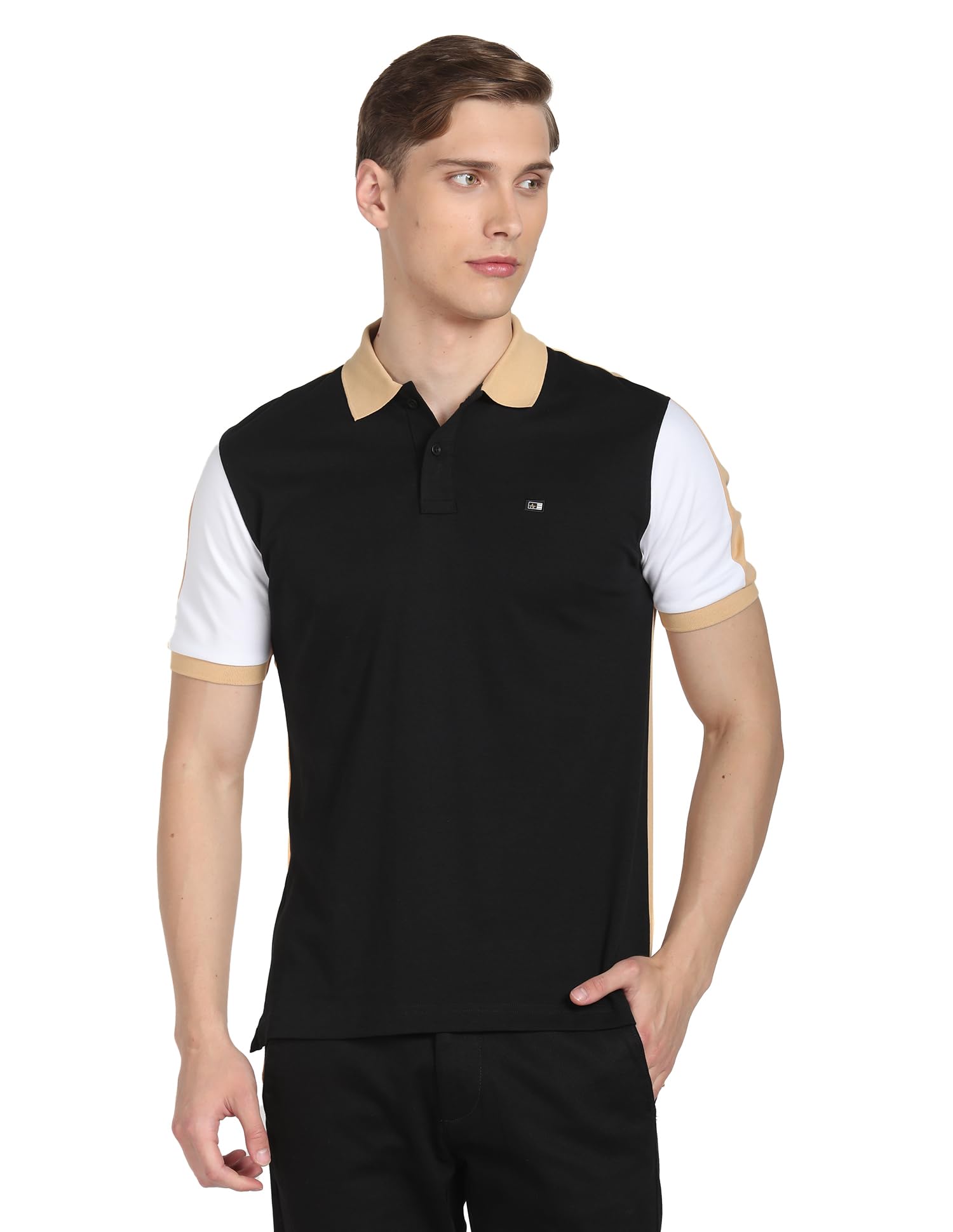 Compact Cotton Colour Block Polo Shirt Black-image-36