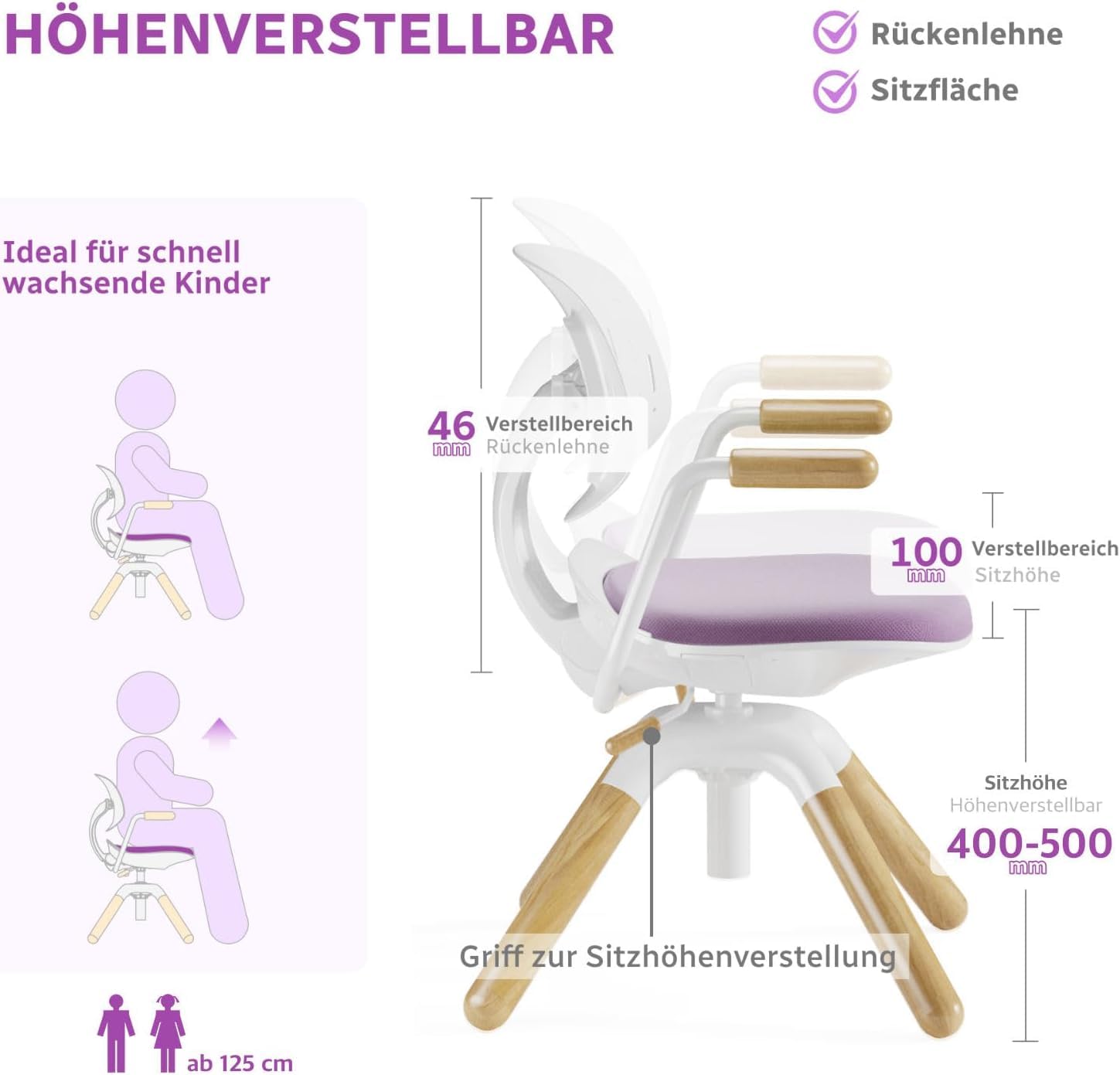 HOKO Kinderdrehstuhl höhenverstellbar, Jugendstuhl ohne Rollen, bis 120 kg | dynamisch mitbewegende Rückenlehne, Sitzhöhe von 40-50 cm, 360° drehbar, 30° neigbar, für Kinder ab ca. 125 cm, Rosa, LAURA