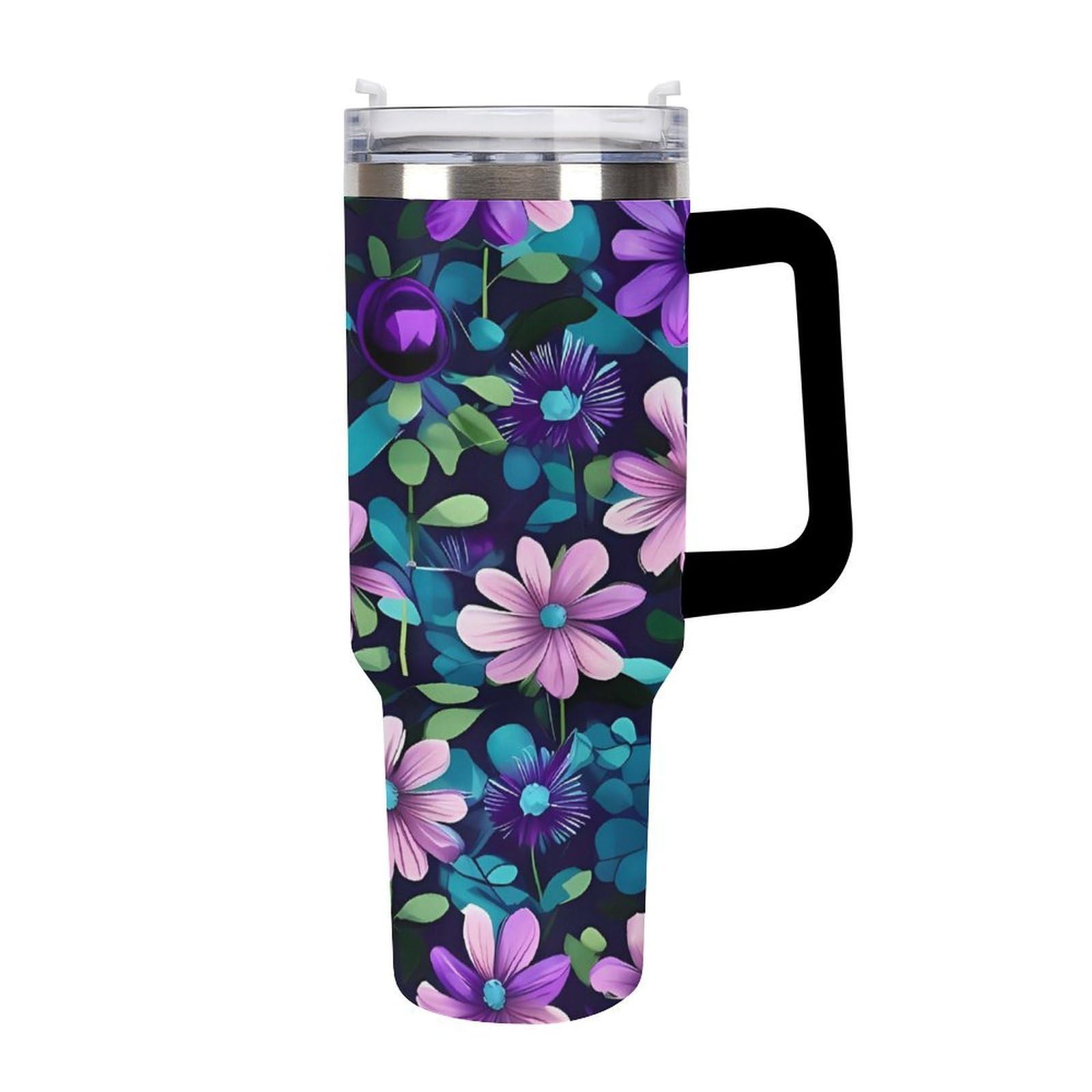 Tazas de camelia morada con popote y asa, taza de café con aislamiento al vacío de doble pared, botellas de agua para café helado, té, bebida caliente y fría