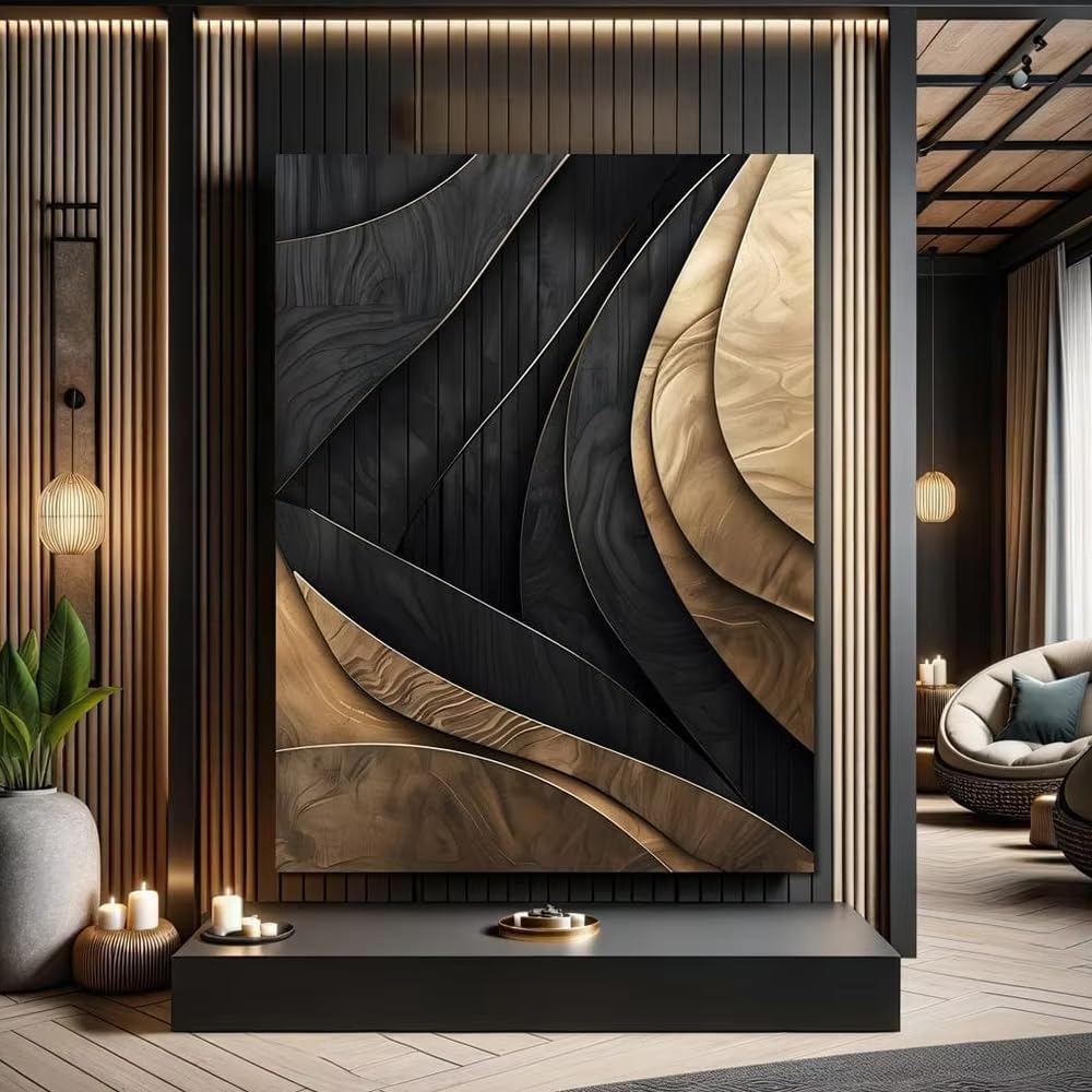 IHHGNB Modern Luxury Pop Art Posters Print Abstract Black and Gold Visual Staggered Aesthetic Canvas Painting Office Home Decor(40x60cm(16x24in)/No frame)
