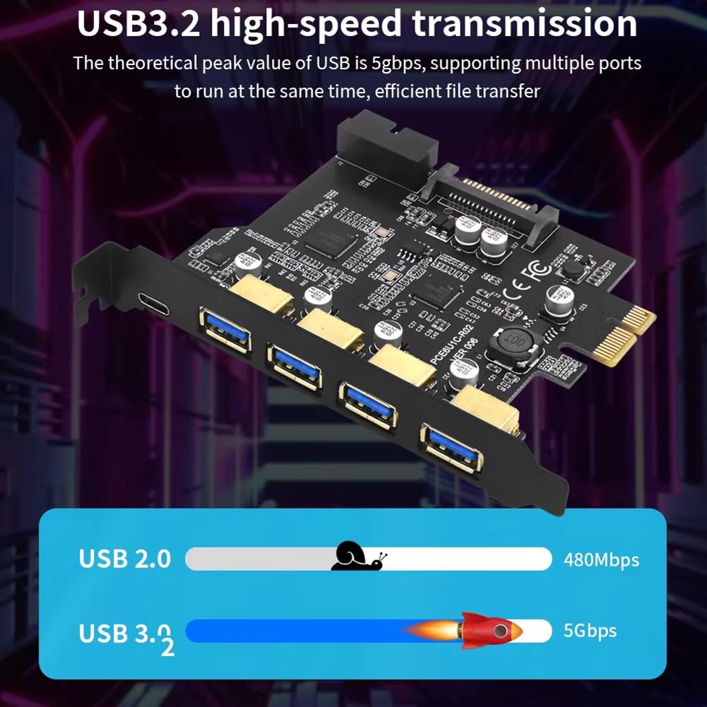 Tarjeta de Expansión PCI-e Tipo C USB 3.0, Adaptador de Tarjeta PCI-e 1x A USB 3.0, 4 Puertos USB 3.0 + 1 Puerto USB 3.1 PCI-e