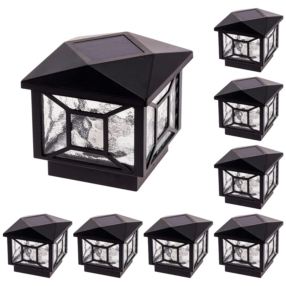 GreenLighting Geometric Square Deck Lights 4x4 Post Caps - Solar Post Lights Outdoor Waterproof - Solar Post Cap Lights - 4x4 5x5 Solar Fence Post Lights - Solar Powered LED (Black, 8 Pack)