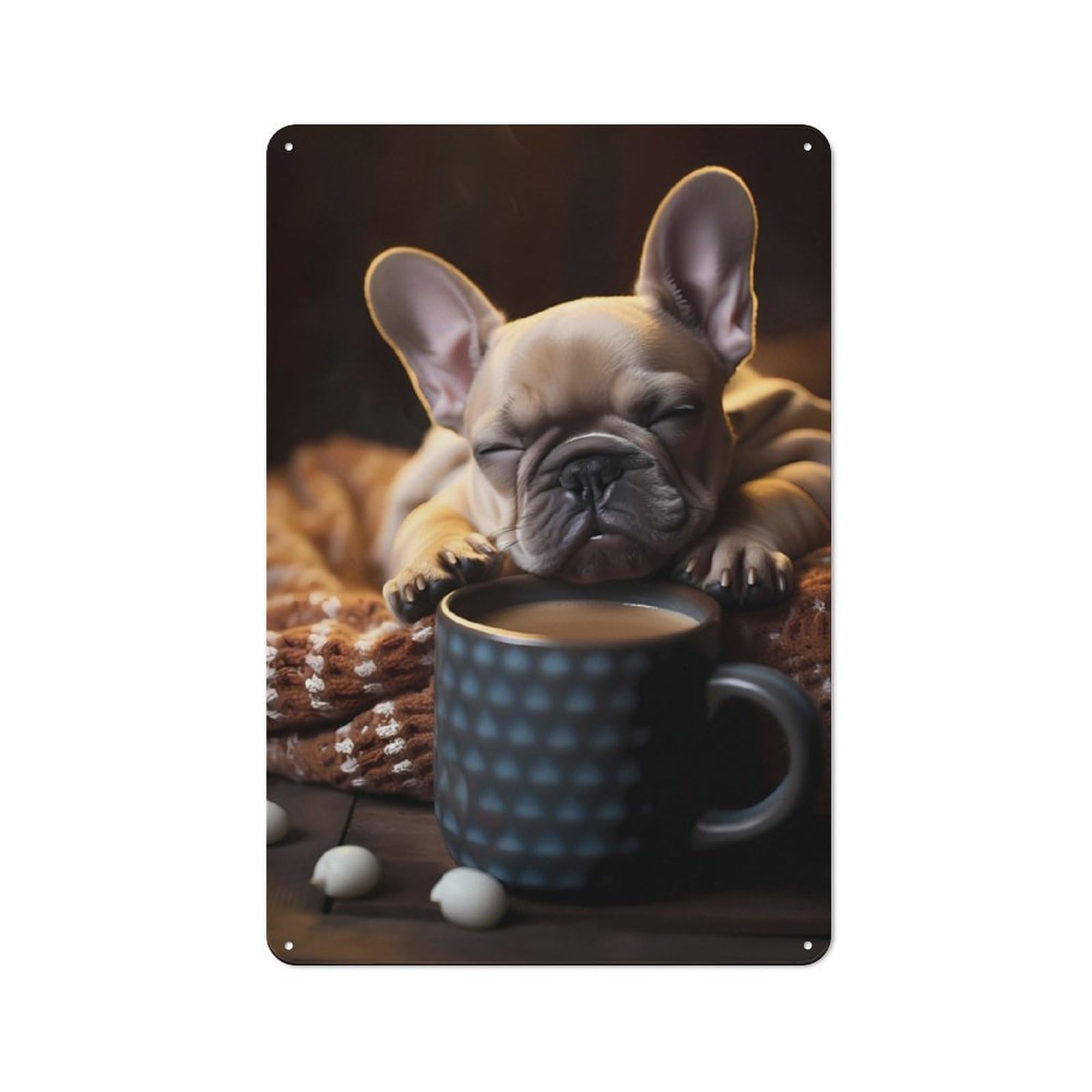 Junmoney French Bulldog Pup Coffee 30X20cm Retro Metal Sign With For Man Cave Or Games Room, Tin Sign Wall Decor For Games Rooms And Man Caves