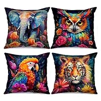 Set di 4 federe per cuscino con foglie tropicali morbide per decorazione camera dei bambini, decorazione botanica decorativa, rami di foglie, blu, grigio, 40 x 40 cm