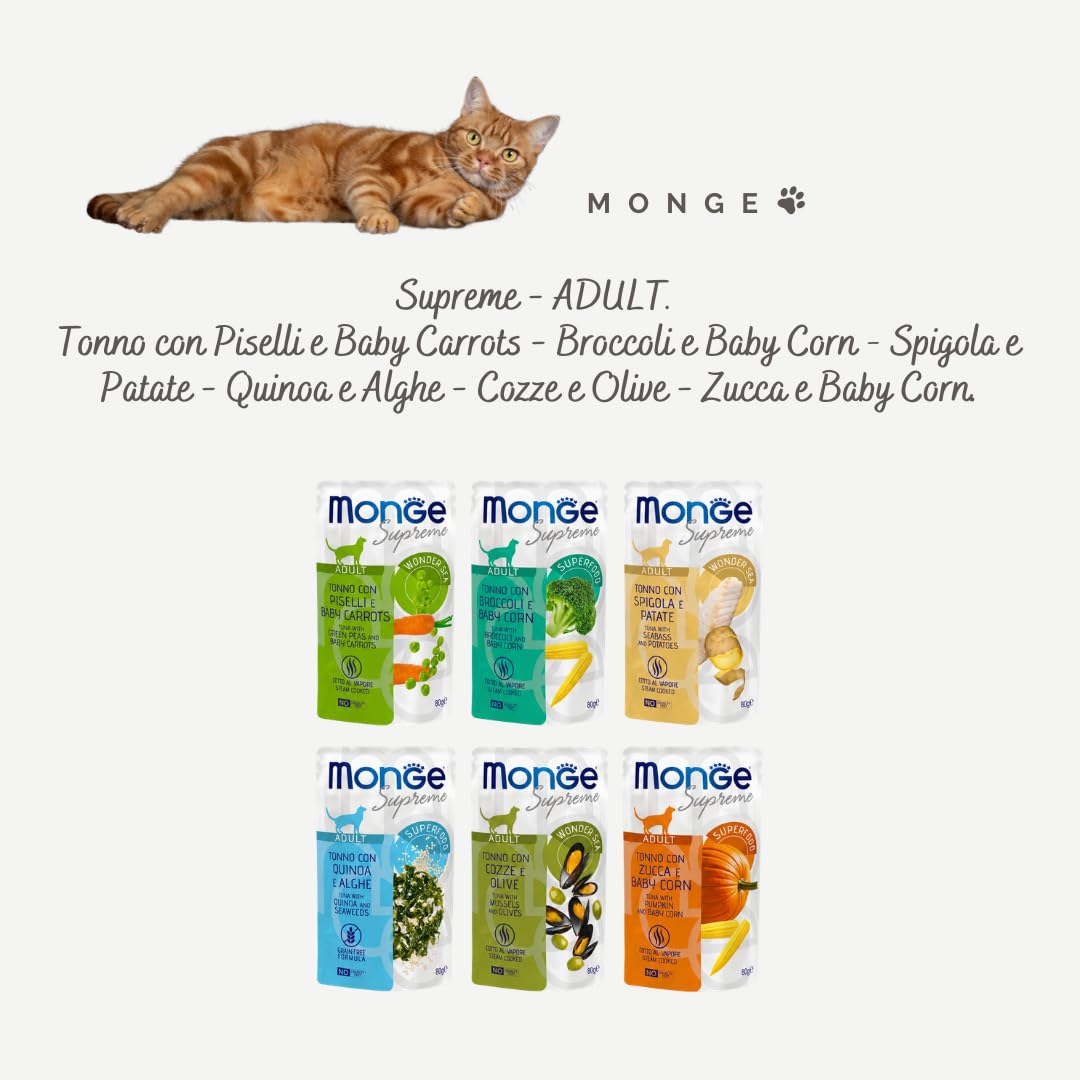 Monge Chat humide dans des saveurs assorties, nourriture humide équilibrée pour chats adultes, sans colorants ni conservateurs ajoutés, 12 sachets de 80 g chacun.