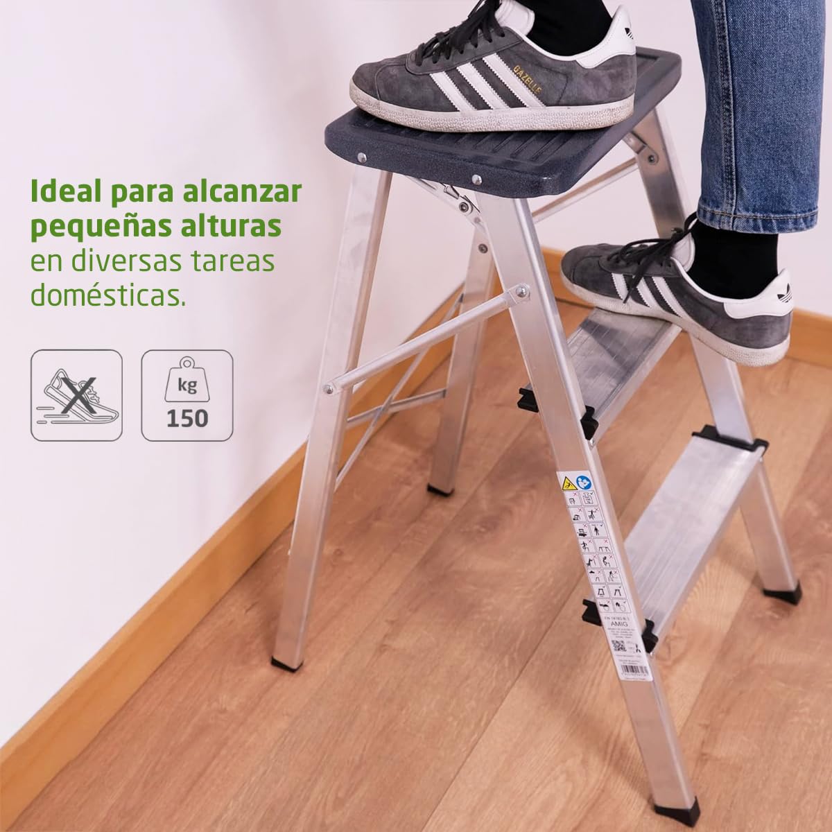 Amig - Escalera Plegable Pequeña de 3 Peldaños - Taburete con Escalones Antideslizantes - Peso Máximo 150 kg - Aluminio - Fácil de Almacenar