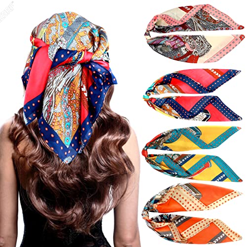 ProChosen 4 PCS 27.5 Inch Silk Like Medium Square Hair Scarf, Soft Skin-Friendly Silky Head Scarf for Women Girls, Elegant Retro Saddle Fashion Patterns Suitable for Neck Scarf Head Wraps Wristband
