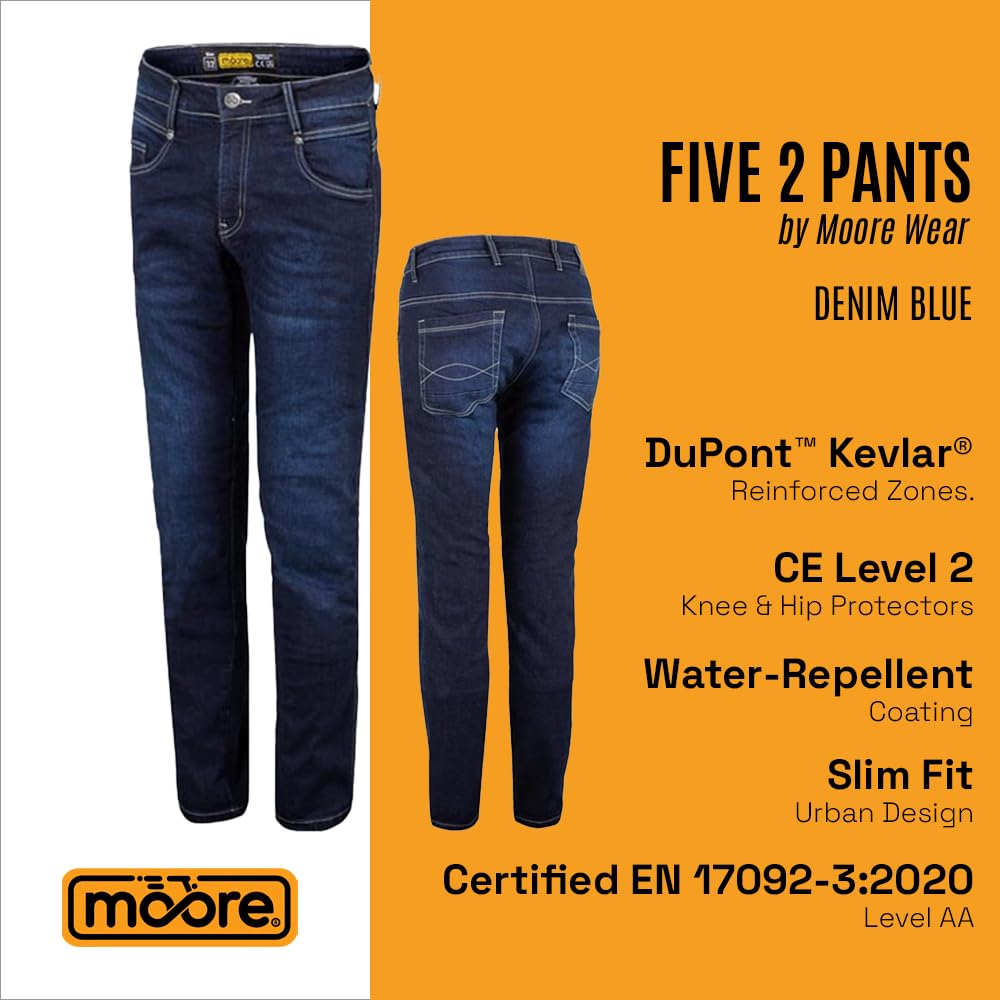 Moore Pantalón de Moto Five 2 Azul – Denim 12oz con Kevlar®, Protecciones CE Nivel 2, Corte Slim Fit, Certificación EN 17092:2020 AA