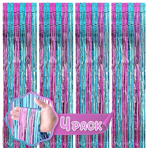 Image of Voircoloria 4 Pack 3.3x8.2 Feet Blue and Pink Foil Fringe Backdrop Curtains, Tinsel Streamers Birthday Party Decorations, Fringe Backdrop for Graduation, Baby Shower, Gender Reveal, Disco Party