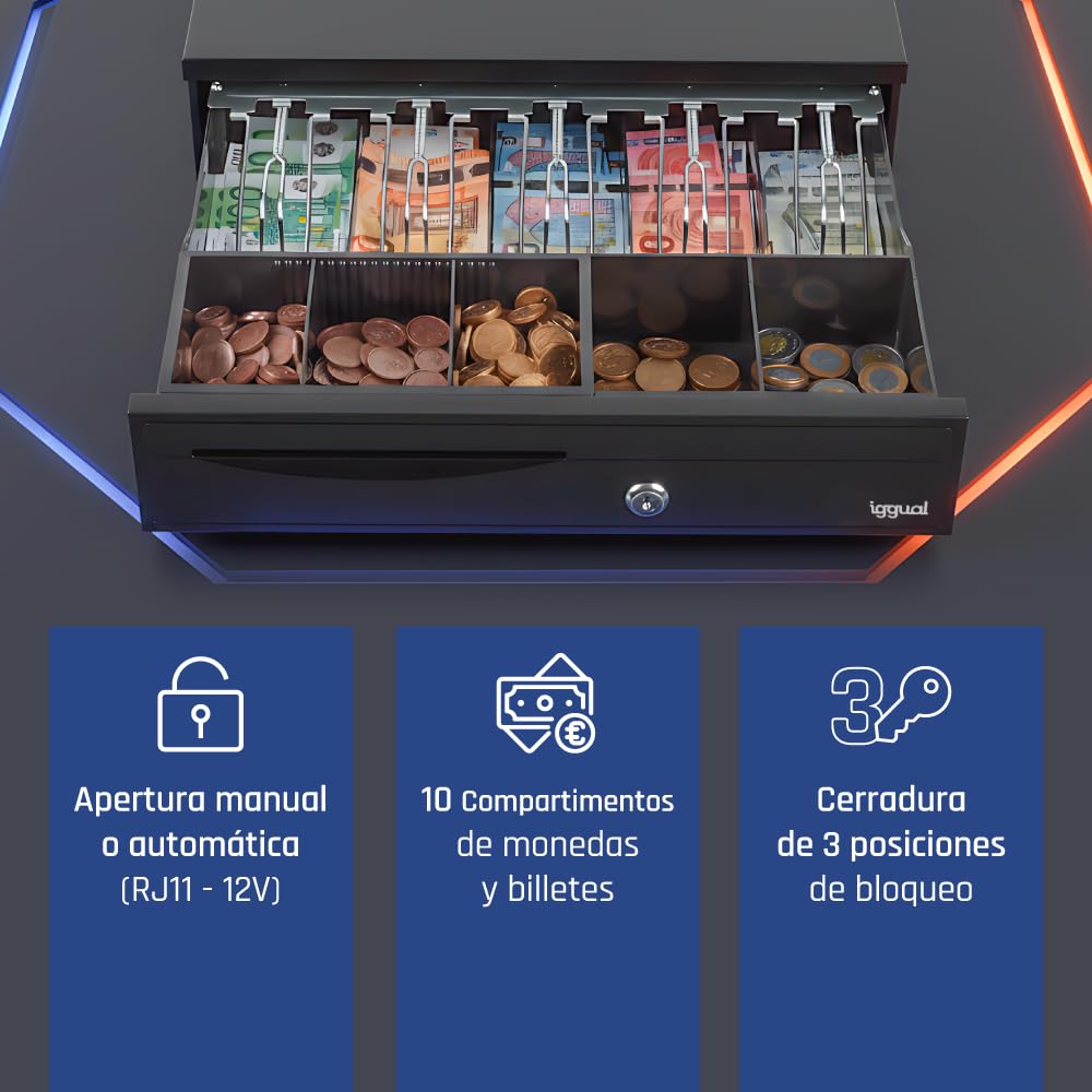 iggual Cajón Portamonedas IRON-30. Caja Efectivo Registradora Manual o Automáticapara 5 Billetes y 5 Monedas. Cerradura 3 Posiciones. Material Acero+Plástico. Uso profesional- Negro (42x40.5x10)