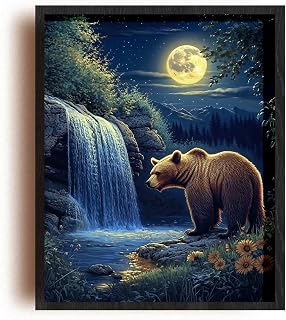 (Unframed) (11 X 14 In) Matte Wall Art Print Of Realism Poster: Bear Standing By A Waterfall In A Moonlit Meadow, Evoking Ancient Resilience - Eco-Friendly Poster, Custom Decor For. - 925Posmi43287Wh
