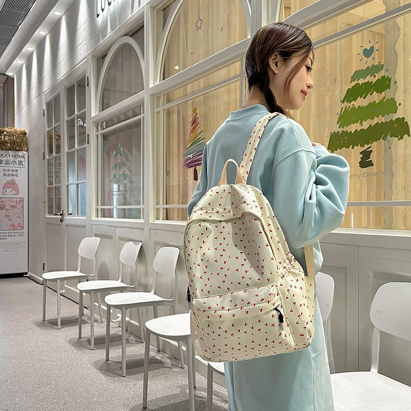 Coquette Cherry Backpack - Cute Cherry Print Rucksack Floral Print Aesthetic Daypack Kawaii Preppy Bag for Women2