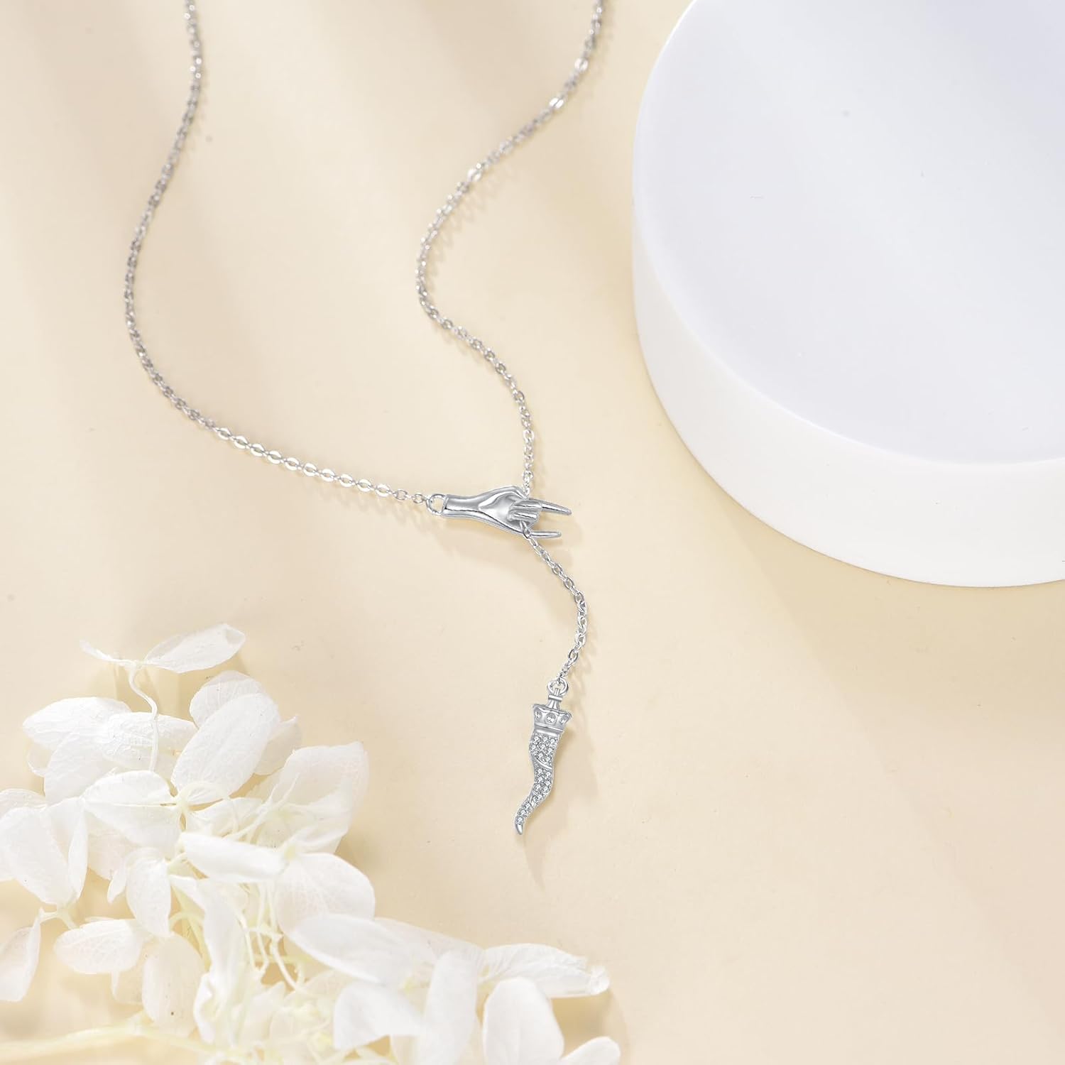 Italian Horn Hand Necklace Cornicello Pendant Necklaces Good Luck Amulet Pendant 925 Sterling Silver Jewelry for Women Christmas Gift - Image 3