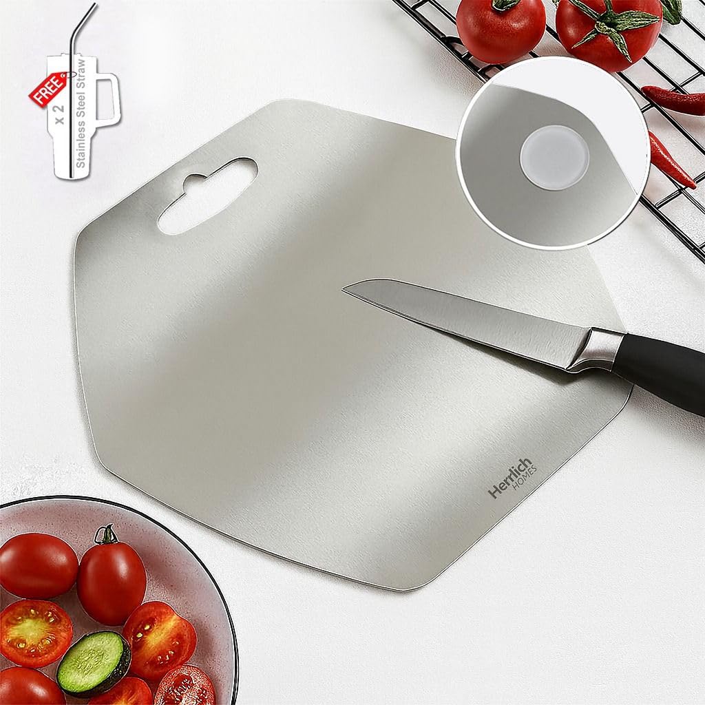Herrlich Homes Premium 304 Stainless Steel Hexagonal Chopping Board for Kitchen | 34 x 31 cm | with 2 Steel Straw & Anti-Skid Silicon Pad | Reversible | for Cutting Vegetables, Fruits, Meat | Medium