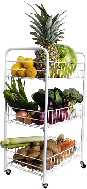 Fruit Vegetable 3 Tier Rack Storage Shelf Organizer Stand CART Trolley Kitchen (White, 3 Tier)