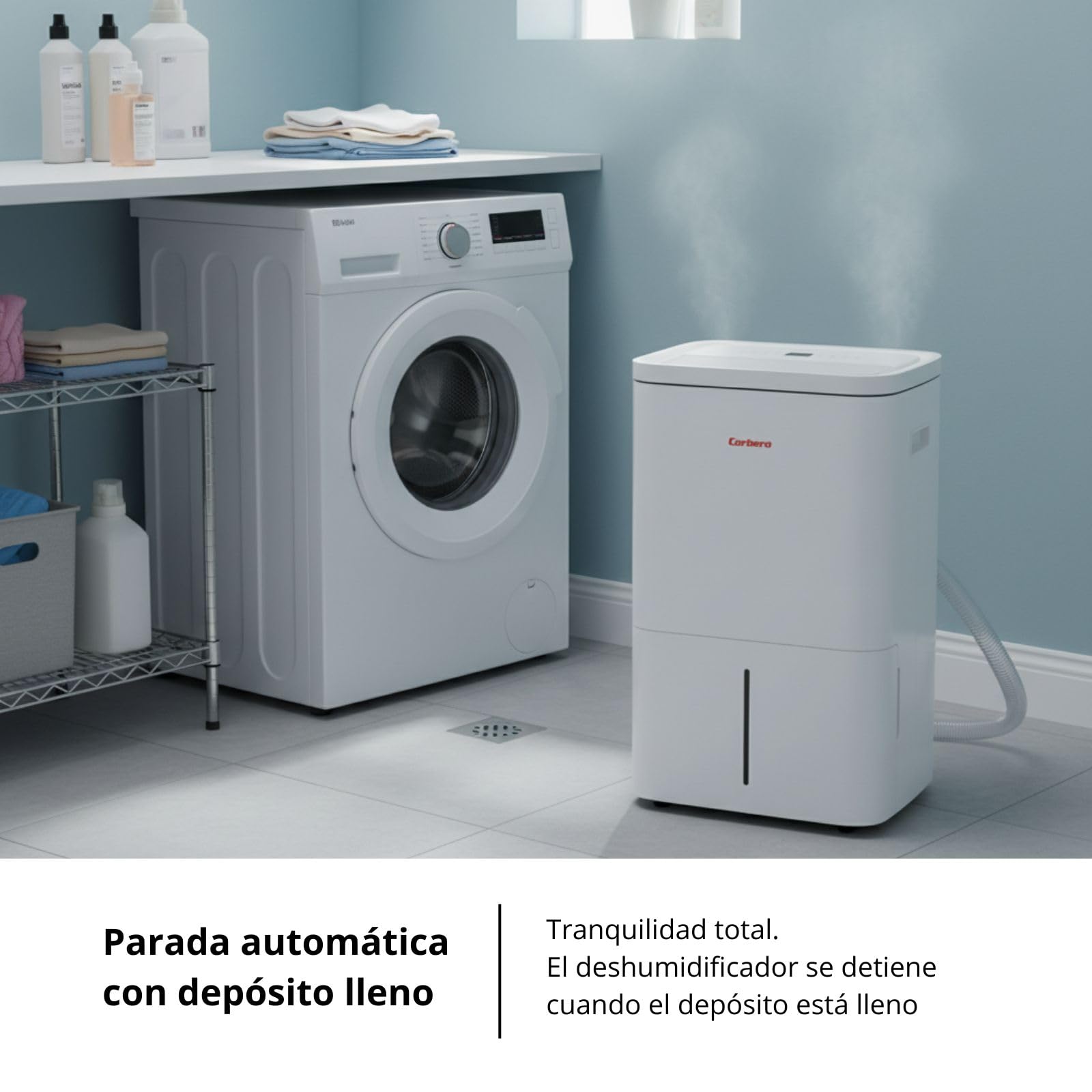 Osuszacz powietrza Corberó | CDG80 | Pojemność 80 l/dzień | Zbiornik 10 l | Ciągły drenaż | Automatyczne wyłączanie | Ekologiczny czynnik chłodniczy R290 | Wysoka wydajność | biały