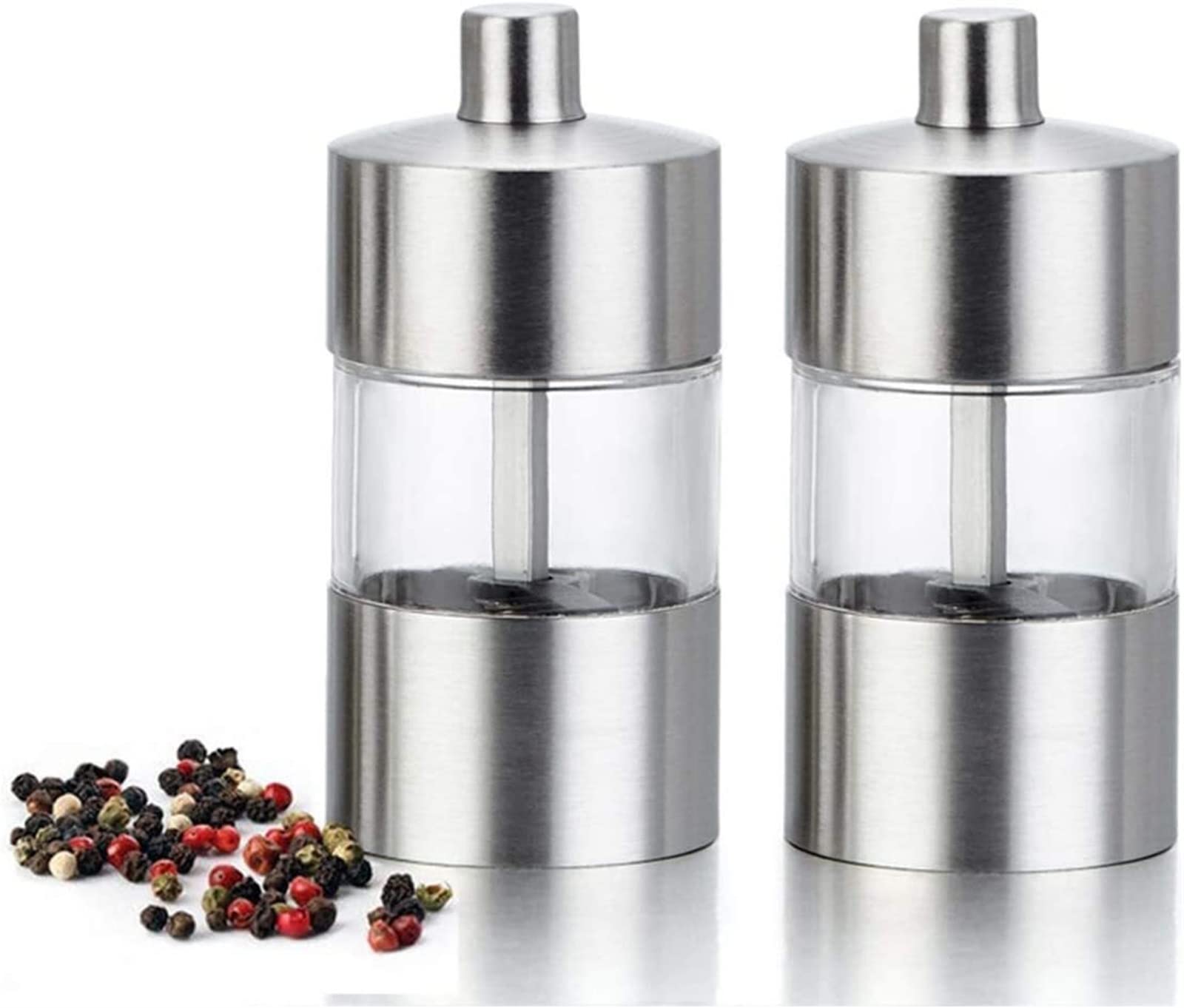 Salzmühle, Pfefferstreuer, Mini-Salz- und Pfeffermühle, 85 mm, verstellbar, Edelstahl, manuelles Salz- und Pfeffermühlen-Set mit Gewürzdosen mit Keramikkern