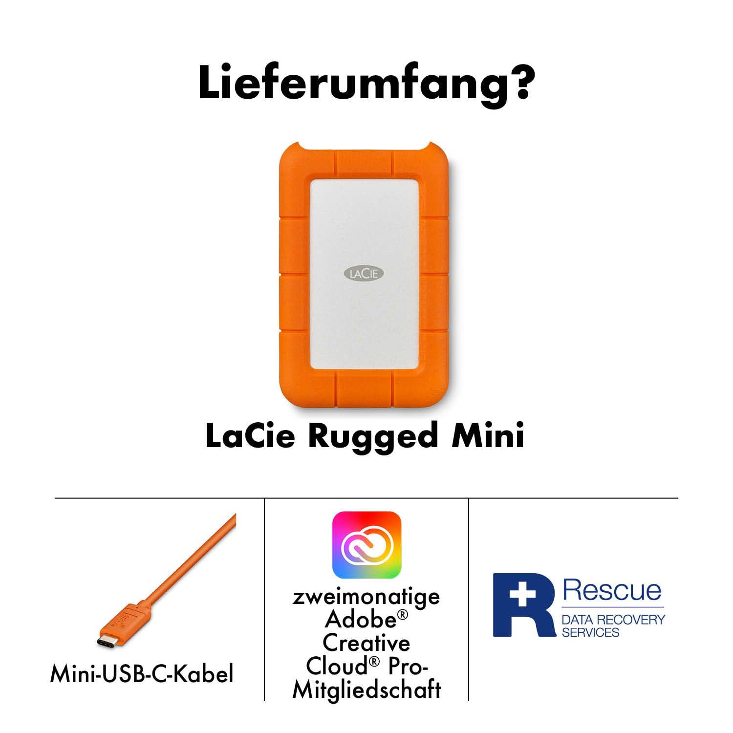 LaCie Rugged Mini 4TB tragbare externe Festplatte, 2.5 Zoll, PC & Mac, inkl. USB-C w/o USB-A Kabel, Data Rescue Service (LAC9000633)