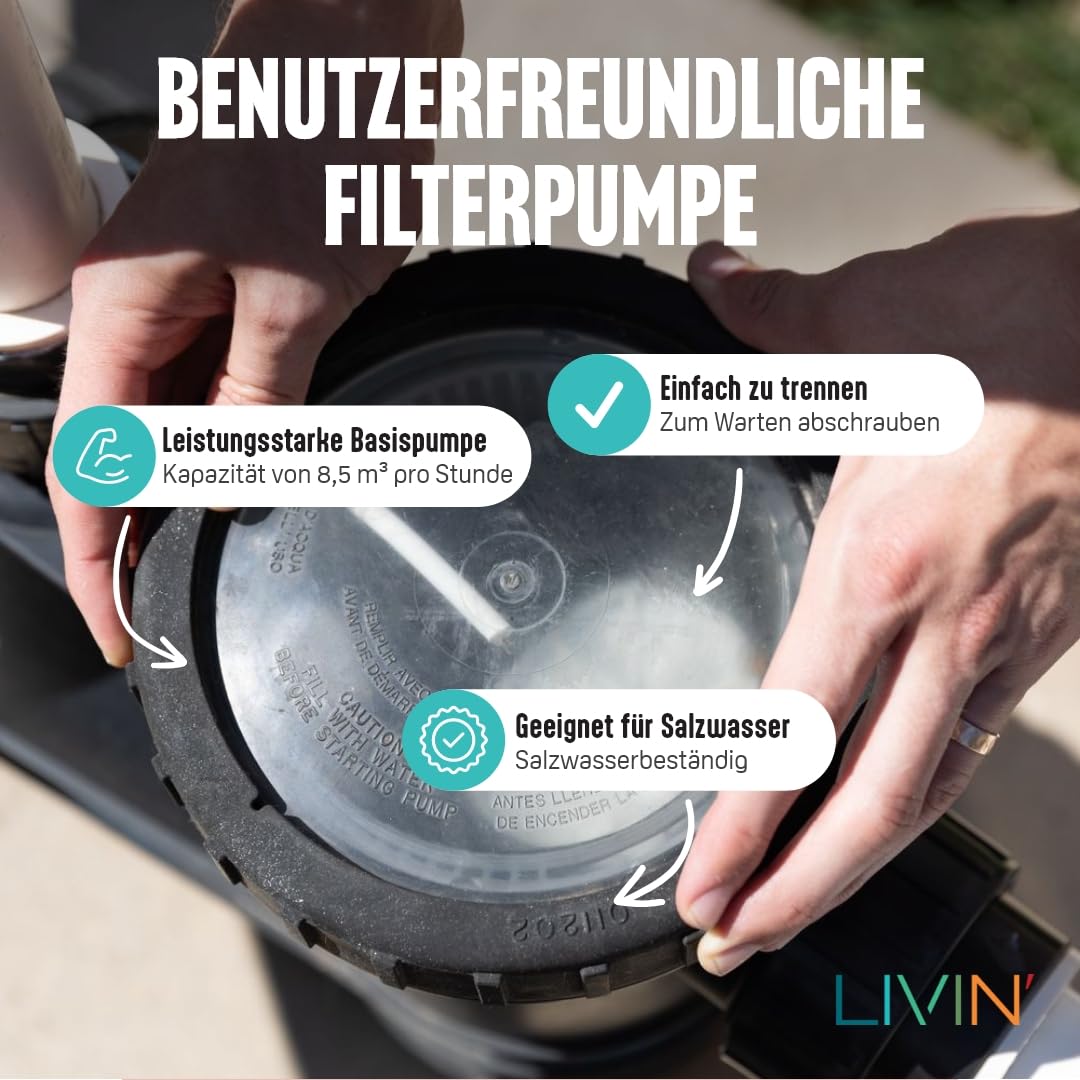 LIVIN' Poolpumpe 250W - Schwimmbad Schmutzwasserpumpe Poolfilter LIV425RCD im Pool Zubehör mit hoch 10 m Hmax - 65 dB Niedriger Geräuschpegel, Pool Pumpe wasser Filteranlage reinigt bis zu 10000 L/hr