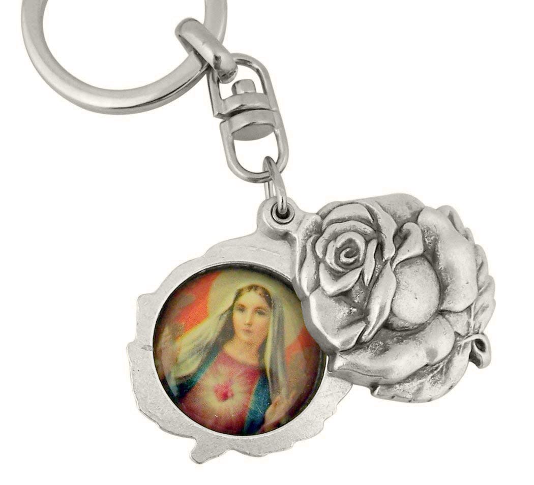 Religious Gifts Silver Tone Immaculate with Sacred Heart Mary and Jesus Sliding Rosebud Medal Key Chain, 1 3/4 Inch