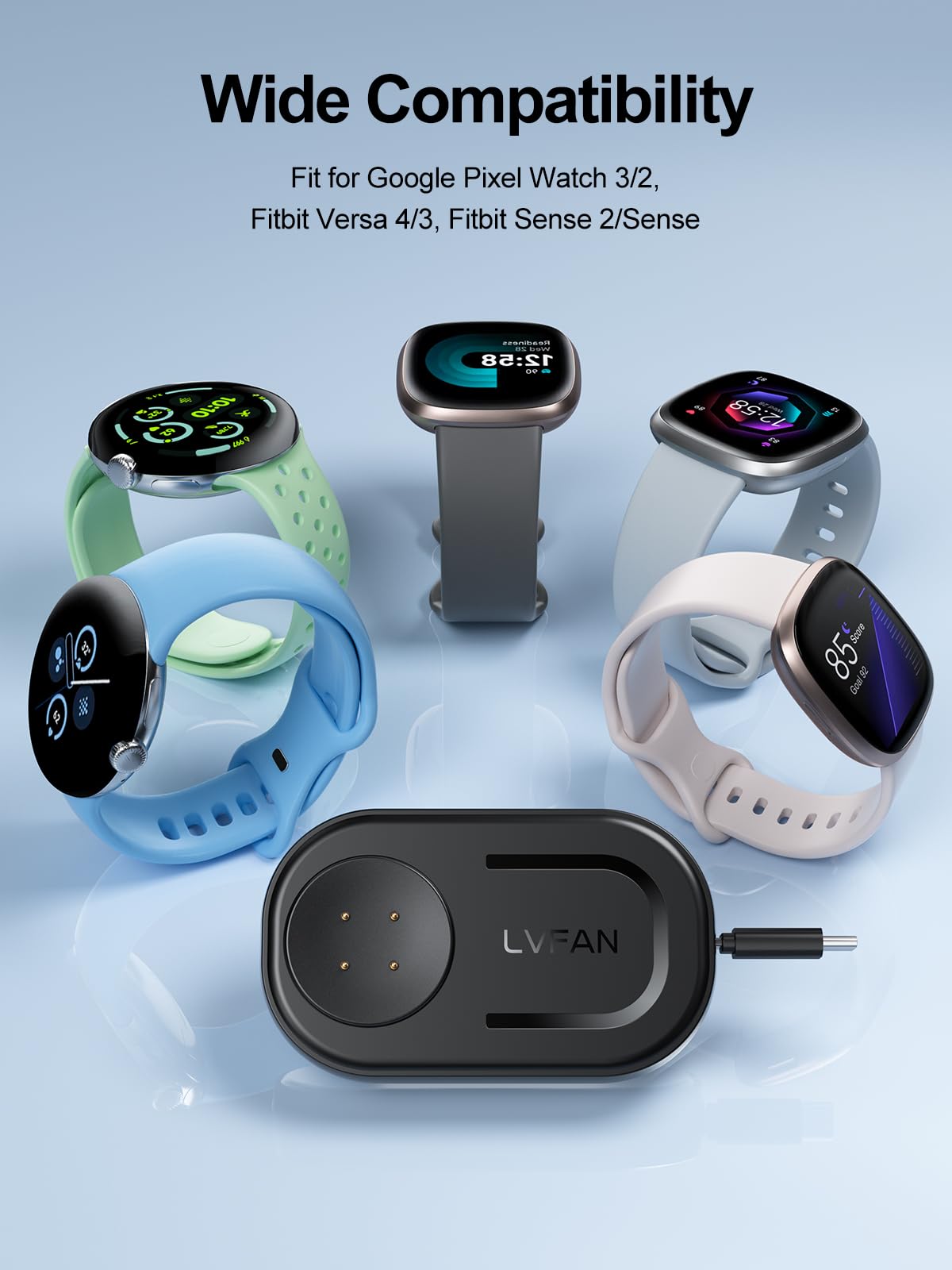 LVFAN Charger for Pixel Watch 3 2 & Fitbit Sense/Versa, Retractable USB C & USB A Charging Cable Replacement Accessories, Charger Stand for Google Pixel Watch 3 2 & Fitbit Versa 4 3 / Sense 2 / Sense