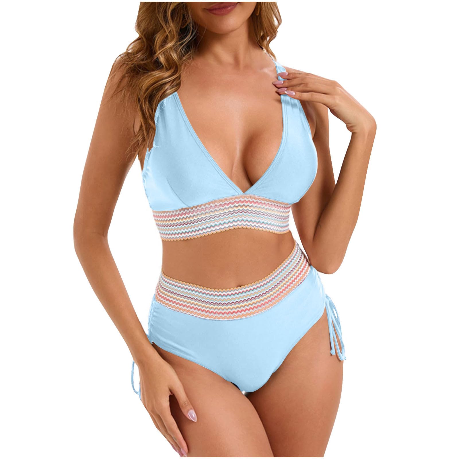 Bathing Suit for Women High Waisted Bikini Sets Tummy Control Swimsuits Color Block Two Piece Drawstring Swimwear