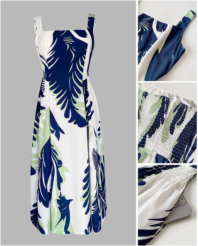 CHCIME Women's Summer Floral Boho Dress Square Neck Spaghetti Strap Flowy A Line Sundress Beach Vacation Maxi Dresses - Image 5