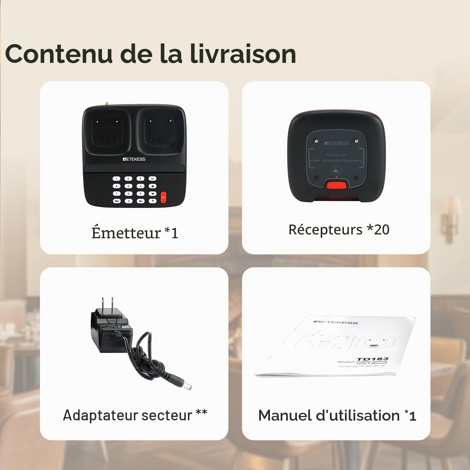 Retekess TD183 Bipeur Restaurant, Restaurant Pager, 20 Bippers | pour Logistique, Usines, Club, FSK 800M, Batterie 300 mAh 28H, Fonction de Rappel des Modèles d'Appel