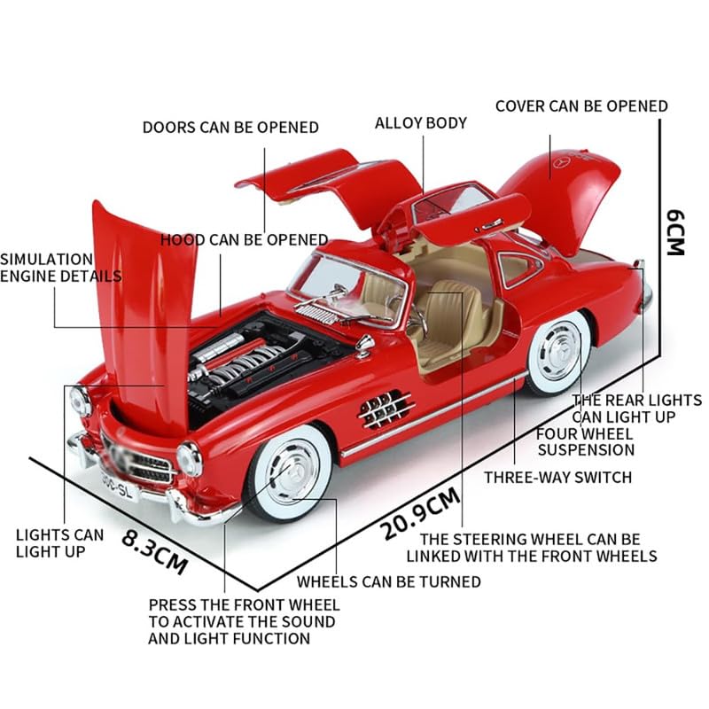 Image of Kids Model 1:24 Vintage 300 SL Classic Die Cast Metal Car Pull Back Action Opening Doors with Realistic Engine Sound Lights Toy Car Gift for Boys - Red