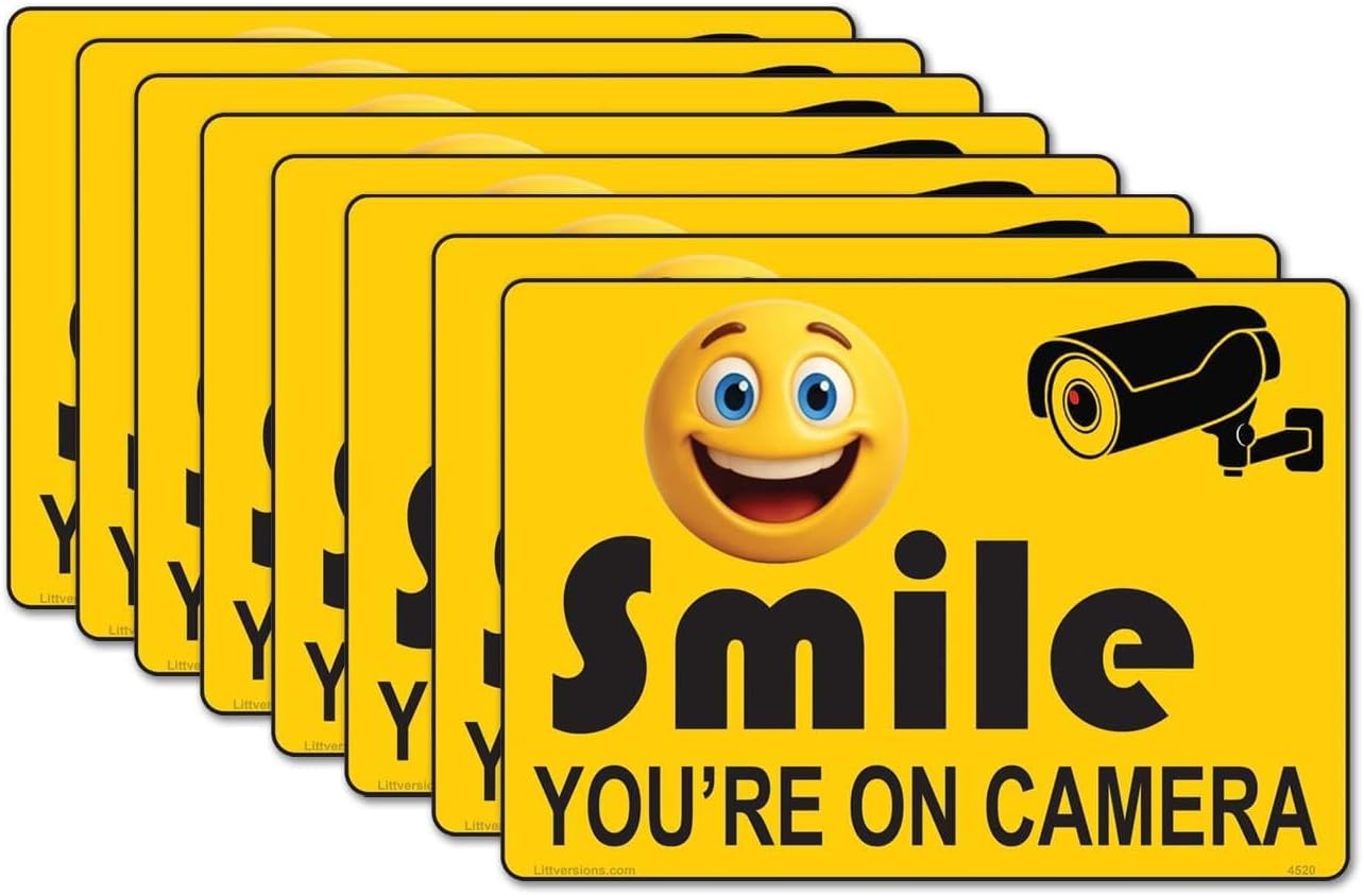 8 Pack 5"x7" Laminated Vinyl Yellow Smile You're On Camera Video Surveillance Labels Stickers Sign Decals Security Sign for Home, Business, Cars, Windows, and CCTV Systems