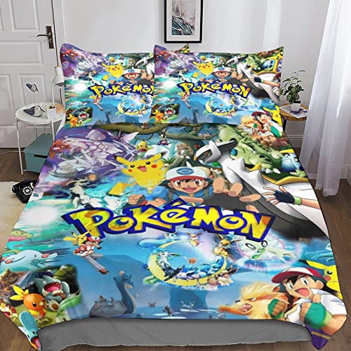 Pokemon Ensemble De Housse De Couette Dessin animé Anime Sets De Housses De Couettes 3D avec Taies d'oreiller Microfibre Couverture De Lit Ensemble King（220x240cm）