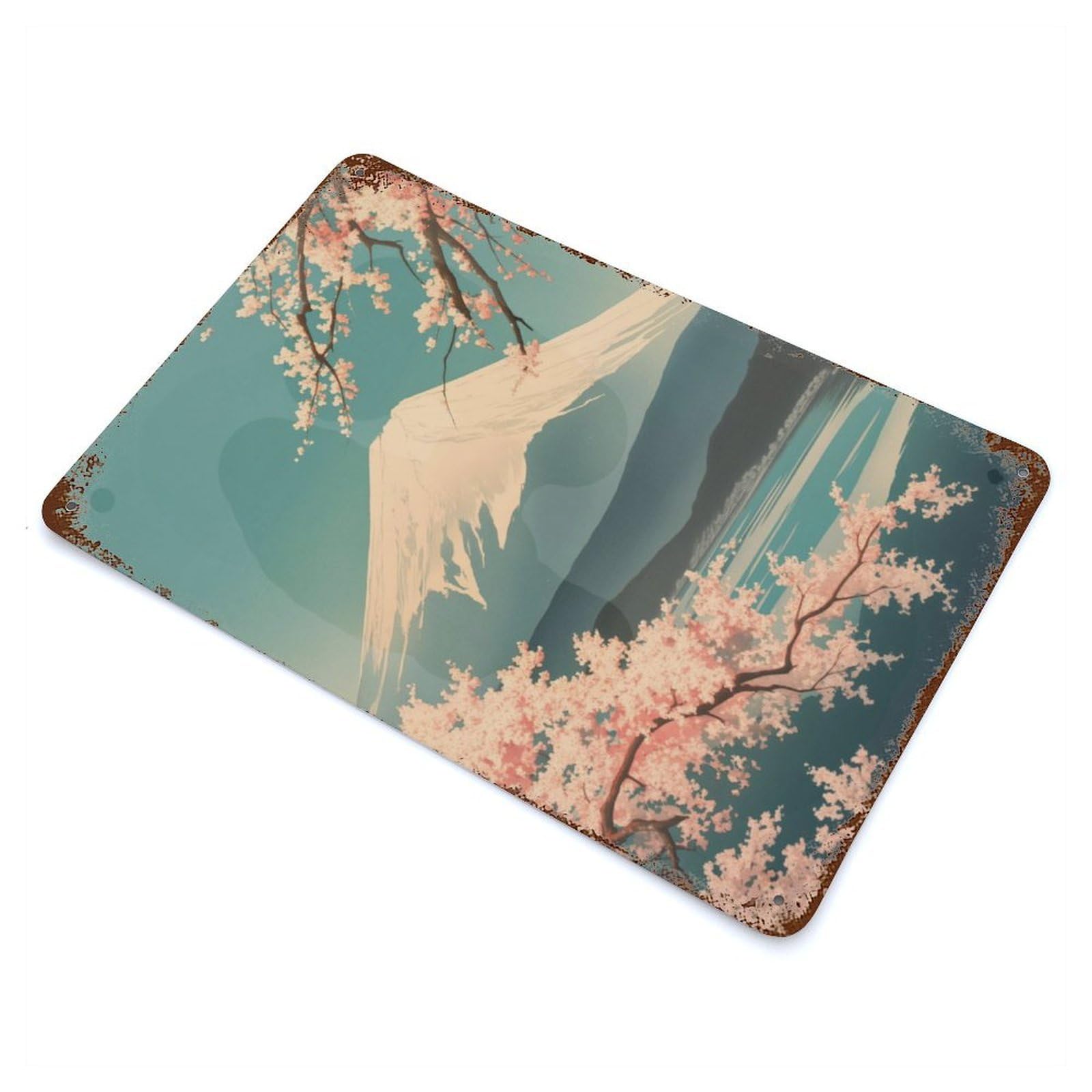 Distressed Metal Wall Sign Vintage Soft Mt Fuji Art 11.8"x7.9", Vintage Wall Decor for Cafe, Home Bar And Lounge Decor