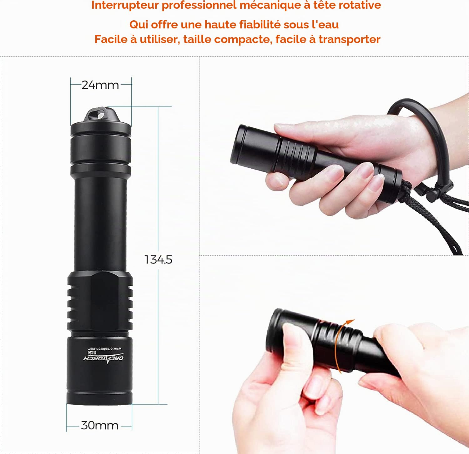 ORCATORCH D520 Lampe de Plongée Rechargeable, 1000 Lumens Lampe de Plongée Sous Marine, IPX-8 Torche de Plongée, Lampe de Poche Batterie étanche à 150 M
