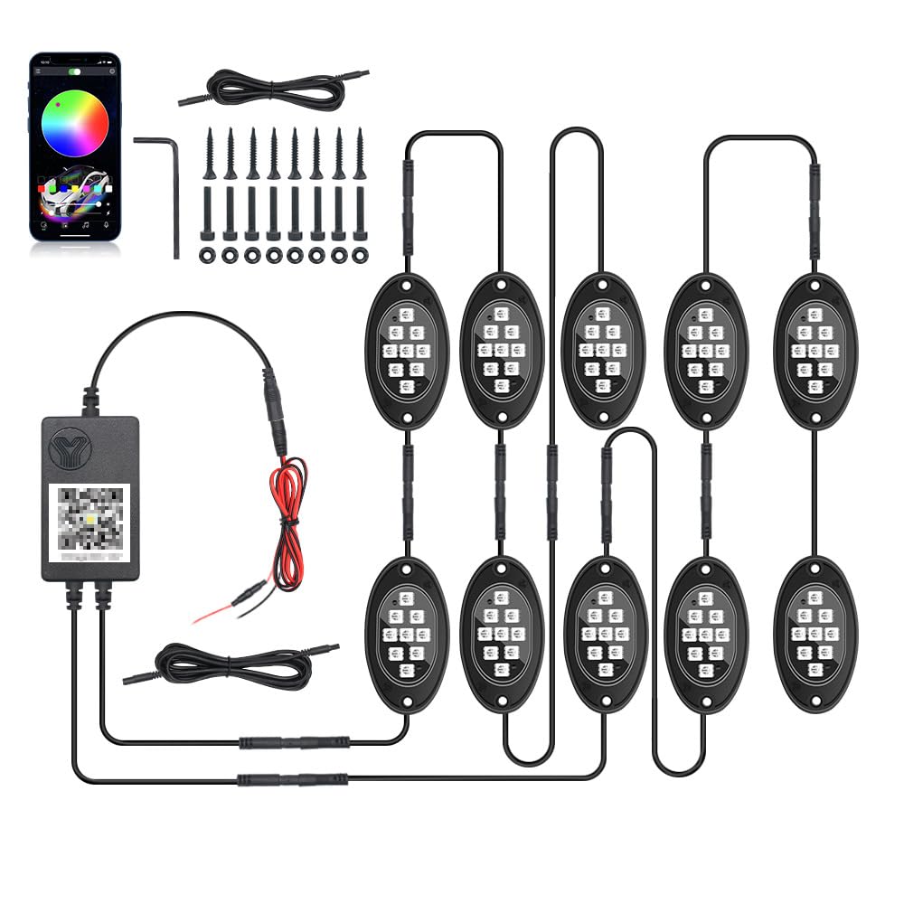 RGB LED Rock Lights, underglow led Lights for Cars Chasing Neon Music Lighting Kit with App/Remote Control & Music Mode Rock Lights Kits for ATV RZR UTV SUV Off Road AUTO (10PC)