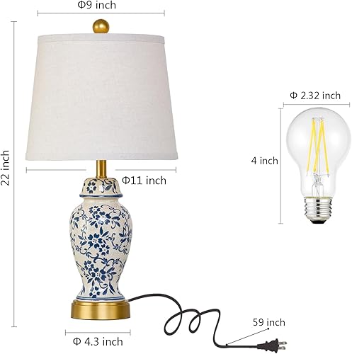 Miniatura 6 de RORIANO Chinoiserie - Juego de 2 lámparas de mesa de cerámica para sala de estar, dormitorio, mesita de noche, lámpara de mesa clásica de porcelana