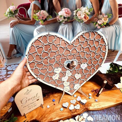 Image of Wedding Guest Book Unique Wooden Heart Alternative GuestBook Bridal Shower Wedding Decoration with 83 Wooden Hearts 1 Sign Pen Set (Reddish Brown)