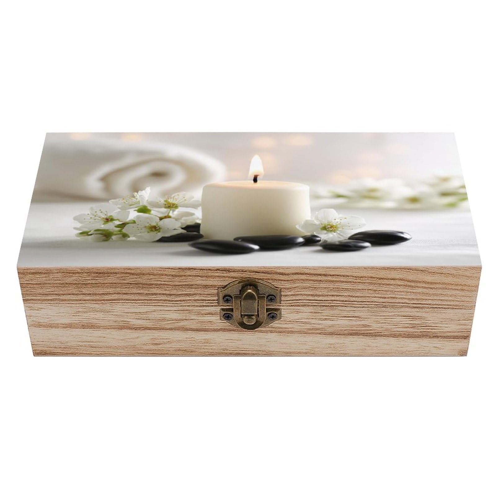 Spa Setting Candles White Flowers Black Stones Wooden Storage Box with Hing