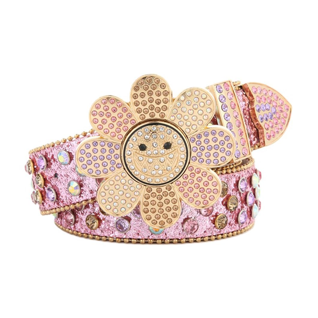 Cintura Occidentale Tempestata Di Strass Multicolor, Girevole In Pelle Con Paillettes Fibbia A Scatto Girasole 105 Cm Blu
