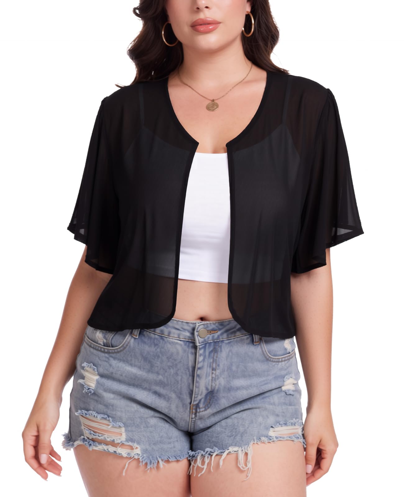 Coprispalle da donna in rete velata, taglie forti, cardigan aperto sul davanti, con volant, maniche corte, coprispalle XL-5XL