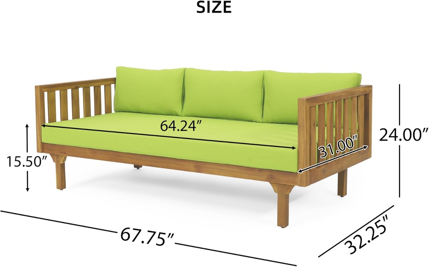 Merax Outdoor 3 Seater Daybed, Acacia Wood Day Bed Couch Sofa with Cushions for Patio Backyard, Garden, Green