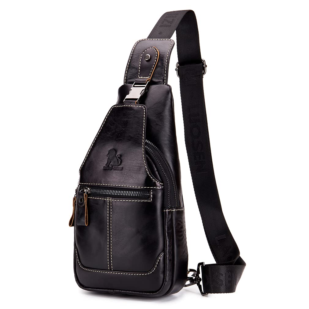 HebetagLeather Sling Bag Crossbody Backpack for Men Women Outdoor Travel Camping Hiking Shoulder Chest Day Pack Casual Daypack, Black