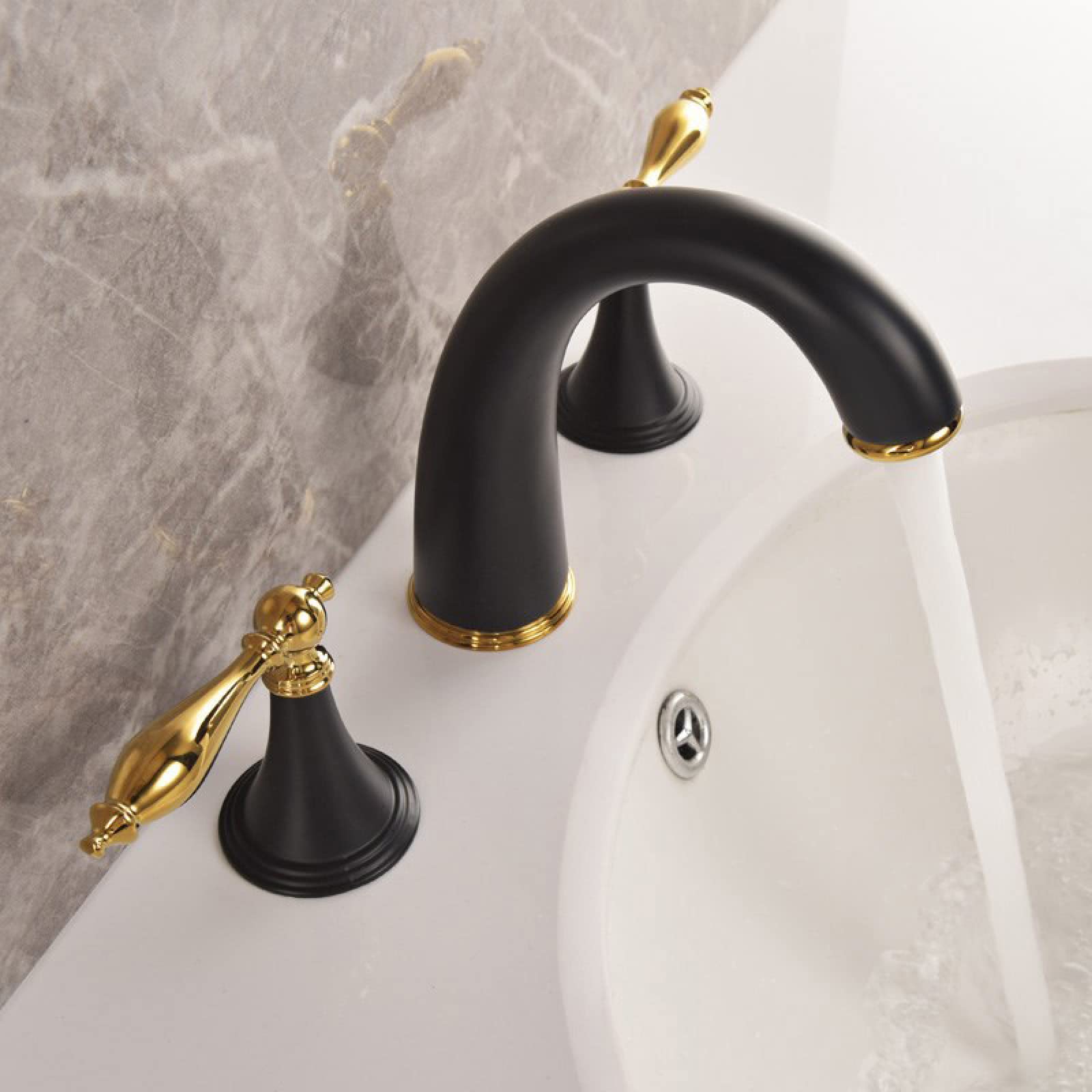 Waschbeckenarmatur 3-Loch Schwarzgold, Messingarmatur Badezimmer, Waschbeckenarmatur Warm- Und Kaltwassermischer, 3-Loch-Armatur Kompatibel Mit Waschbecken, 2-Griff-Badezimmerarmatur, Waschbeckenarmat