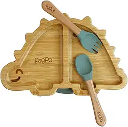 Kit Prato de Bambu Dino + Talheres em Bambu e Silicone Verde Escuro | Pippo